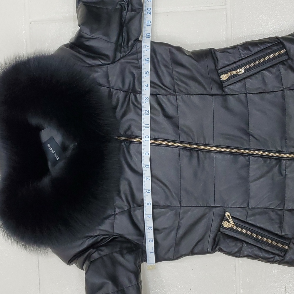 Lambskin down puffer coat fur collar women's size 6 black gold zippers - Picture 4 of 15
